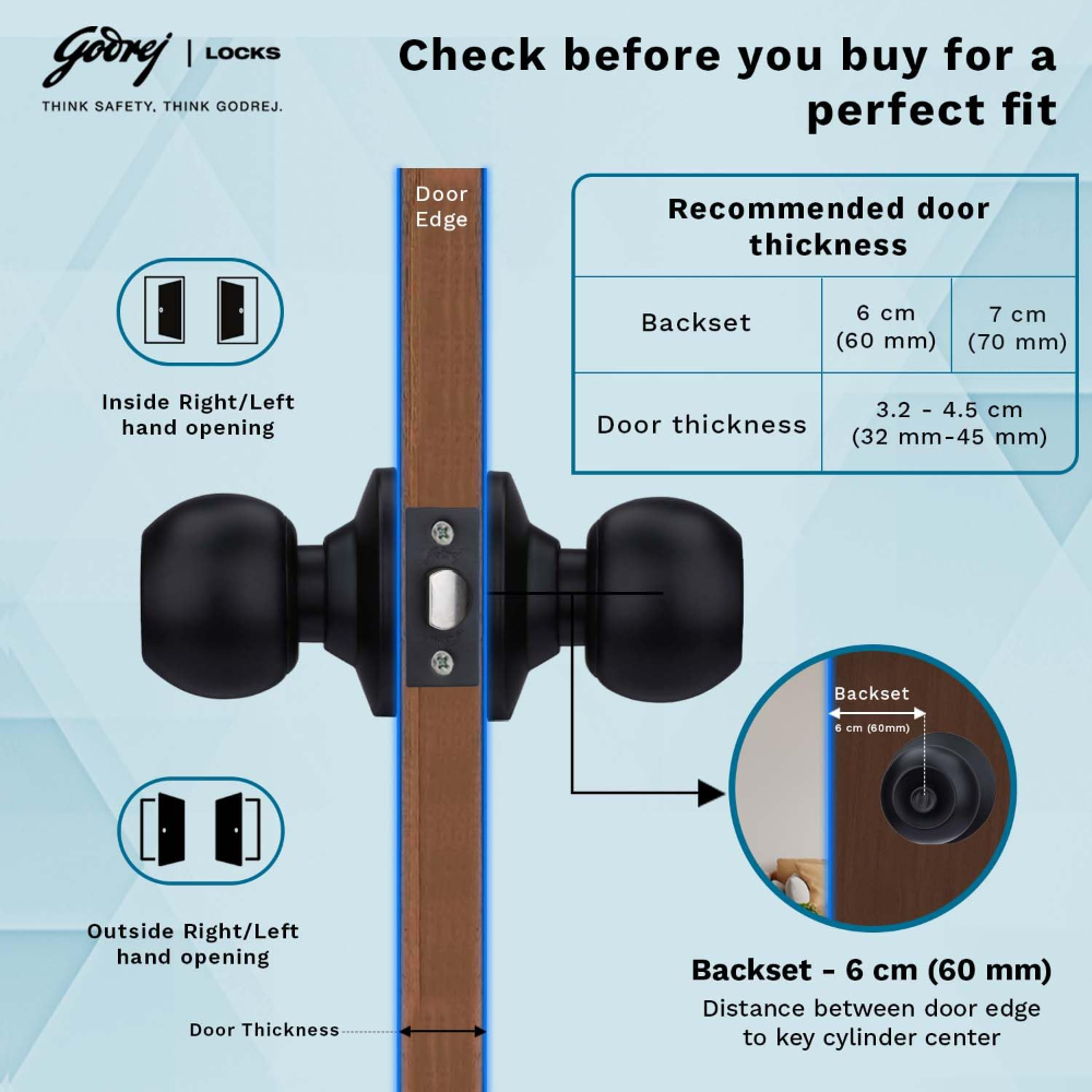 Godrej Cylinder Lock | Single Panel Door Lock | Residential Doors & Commercial Space | Backset 70mm | SS Knobs | Keyless | Door Thickness 32mm to 45 mm | Matte Black Finish | 5 Years Warranty